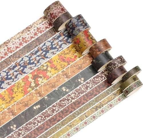 12 Rolls Chinoiserie Washi Tape Set Chinese Arts Adhesive Tapes Geometric Garden Decorative Masking Tape Sets for Craft, Kids, Scrapbook, DIY, Gift Wrapping (Serene Mountain Abode)