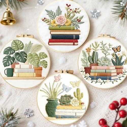 FREEBLOSS 4 Sets Embroidery Kit for Beginners Needlepoint Embroidery Starter Kit with Plants and Books Stamped Patterns, Instructions, Colored Threads, 2 Hoops 20cm/7.9inch