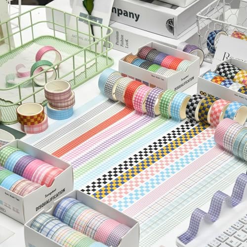 12 Rolls Grid Washi Tape Set Plaid Arts Adhesive Tapes Basic Patterns Decorative Masking Tape Sets for Craft, Kids, Scrapbook, DIY, Gift Wrapping (Style Two)
