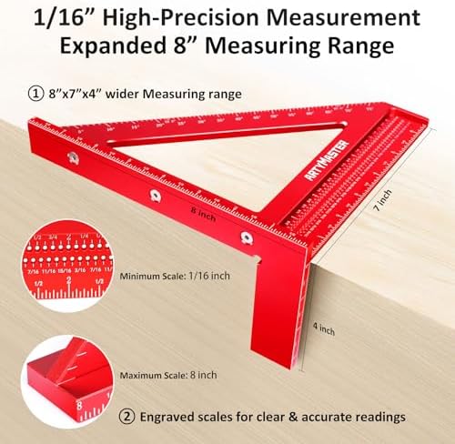 8 inch 3D Multi-Angle Measuring Square Ruler, WT103C High Precision Hole Scribing Woodworking Tools, 0-90° Aluminum Alloy Carpenter Square with Stair Gauges, Carpenter Pencils 6 Refills.
