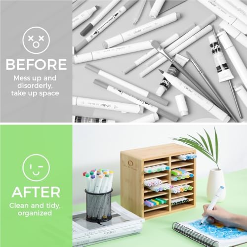 Ohuhu Bamboo Marker Organizer, Wooden Desktop Storage Holds 126 Markers