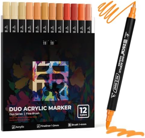ZSCM 12 Orange Acrylic Paint Markers, Dual Fine & Brush Tip Acrylic Pens