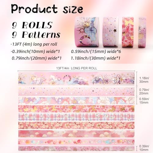 9 Rolls Gold Floral Washi Tape Set,Gold Foil Pink Floral Pattern Decorative Tape,Butterfly Star Decorative Masking Tapes for DIY Scrapbook Design Journaling Handbook Making Card Wrap Craft Gift