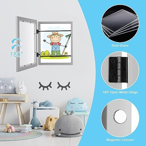 [2-Pack] Kids Art Frames, 9x12 Front Opening Kids Artwork Frames Changeable, Gray Artwork Display Storage Frame for Wall, Holds 50 Pcs, for 3D Picture, Crafts, Children Drawing, Hanging Art, Portfolio