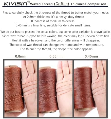 Bonded 0.8mm Round Waxed Polyester Cord, 3-ply Wax Coated Thread, 197 Yards Stiff String for Heavy Duty Fabric, Leather Sewing, Book Binding, Upholstery Repair, and Macrame Jewelry - Coffee