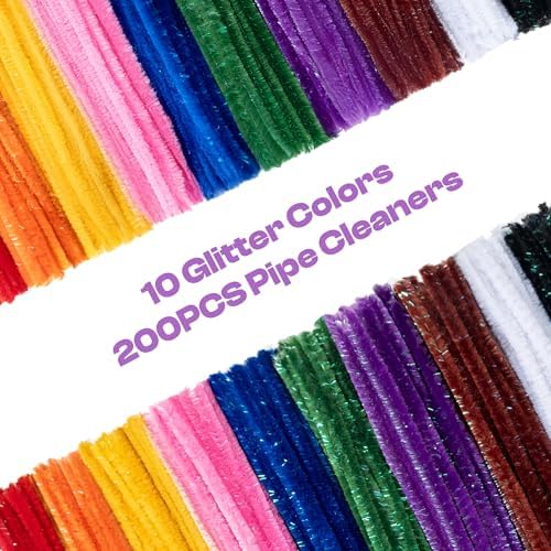 Caydo 200PCS Glitter Pipe Cleaners Craft, Sparkly Pastel Chenille Stems for Flower Making, DIY Art Creative Projects and Holiday Party Decorations