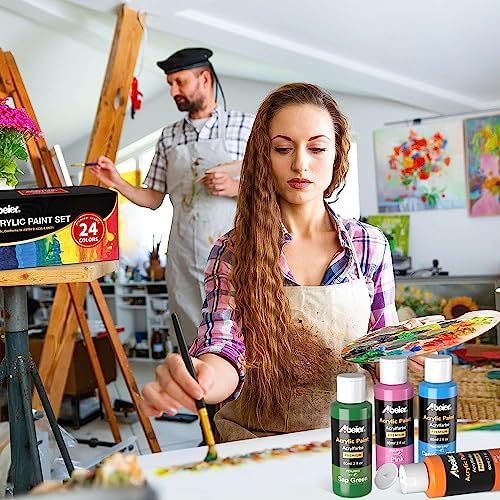ABEIER Acrylic Paint Set, 24 Colors 2oz, 12 Brushes, Non-Toxic, Waterproof