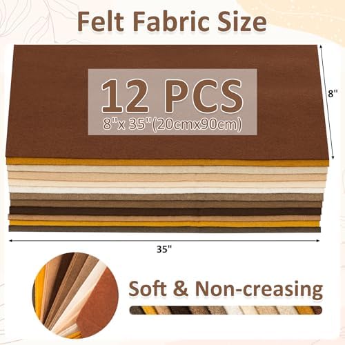 XSEINO 12 Rolls 8"x35"(20.5x90cm) 1.4mm Thick Soft Felt Fabric Sheet 12 Assorted Brown Series Colors Felt Pack for DIY Craft Sewing Squares Nonwoven Patchwork