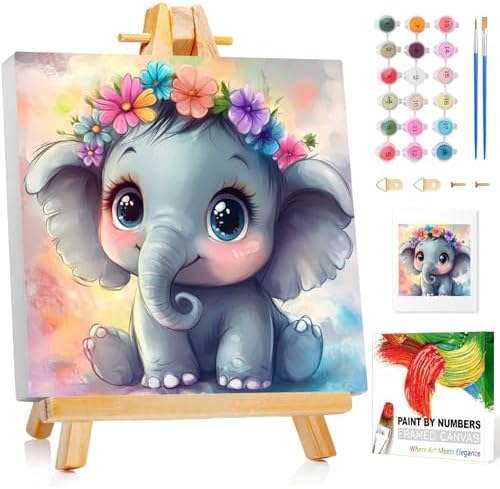 Reivworl Elephant Paint by Numbers Kit for Kids with Frame 8×8 inch