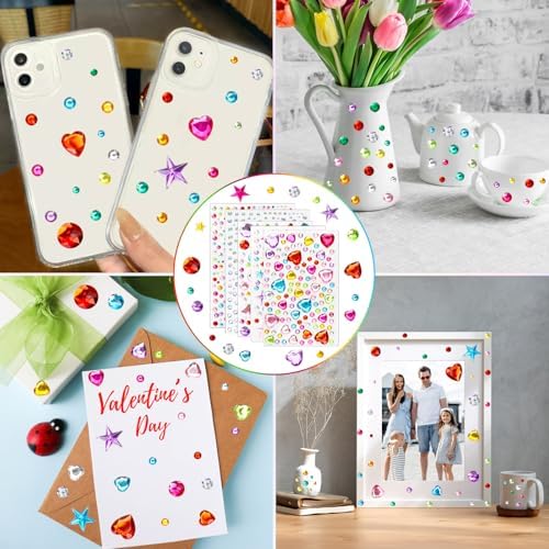Gem Stickers Rhinestones for Crafts Scrapbook Supplies, Sparkling Cute Star Heart Round Small Stickers, Glitter Jewels Bedazzling Sticker Makeup, Diamond Art Kit DIY Decoration