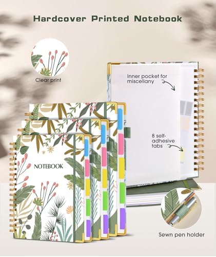 Hardcover Spiral Notebook journal with Removable Dividers Tabs, 300 Pages 5 Subject Notebook College Ruled, 100GMS Notebooks for Work School Note taking,Lined Journal for Women,A5 Colorful Botanicals