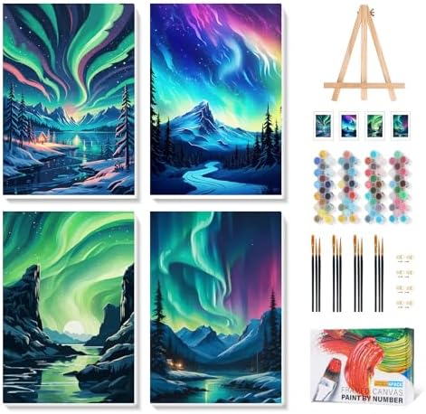 Camocin 4 Pack Framed Paint by Numbers Kit for Adults with Wooden Easel | Northern Lights Aurora Artwork, Night Sky Decor, DIY Canvas Painting Set, Bedroom Wall Decor, Beginner Friendly, 8x12 Inch