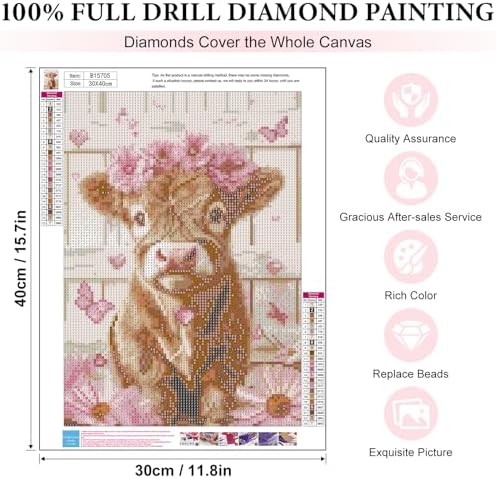Yezavesu Highland Cow Diamond Art Kits for Adults Beginners 12x16 Inch | Cute Pink Cow Diamond Painting Kit, DIY 5D Full Round Drill Gem Art, Stress Relief Craft Kits, Home Wall Decor Gift