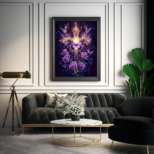 Religious Cross Diamond Art Kits for Adults Beginners-5D Purple Rose Butterfly Diamond Painting Kits for Adults, DIY Full Round Drill Gem Crystal Arts Crafts Paintings for Home Wall Decor 12x16 Inch