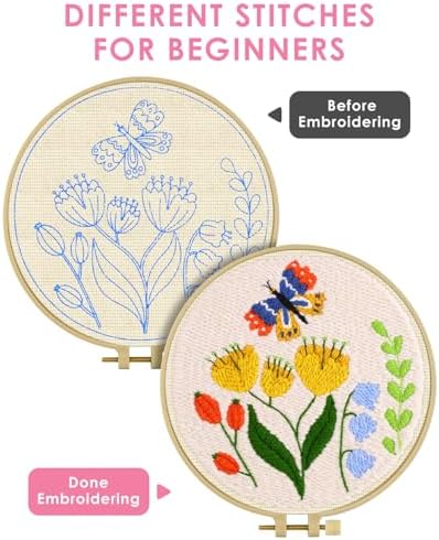 TINDTOP Punch Needle Kits, DIY Punch Embroidery Kits for Adults Beginner, Tool with Punch Needle Fabric, Hoops, Yarns and Sewing Needles (Set F)