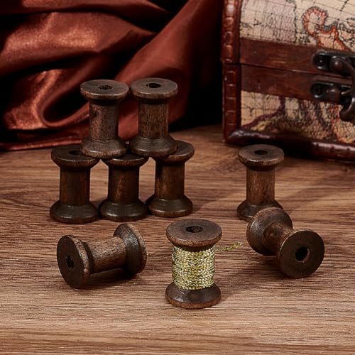 BENECREAT 30Pcs Antique Wooden Empty Spools, 1.18" Empty Thread Spools Wooden Ribbon Spools Bobbins for Wire Weaving Arts DIY Wood Projects, Coconut Brown