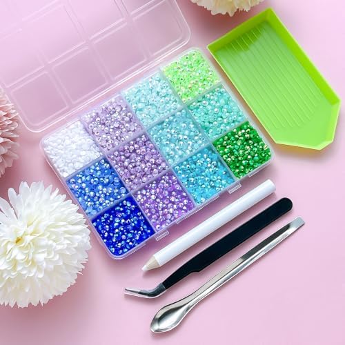 9000Pcs Resin Jelly Rhinestones for Bedazzling 12 Colors 3mm Flatback Cool Tones Gems for Diamond Art, Bedazzler Kit with Tools Perfect for Nail Art Crafting Clothing
