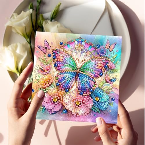 Diamond Art Cards with Envelopes–6PCS DIY Diamond Painting Greeting Cards Kit | Card Making Kit with Bling for Adults & Beginners | Birthday,Holiday & Thank You Cards (Flower Butterfly and Dragonfly)