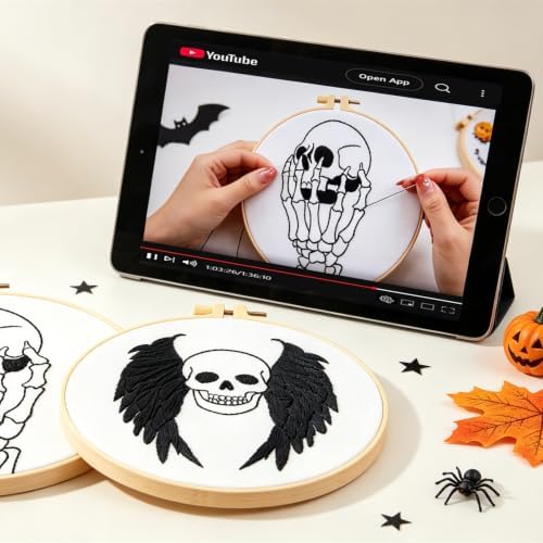 Skull Halloween Embroidery Kits for Beginners Adults, Gothic Embroidery Sets Needlepoint Kits, Halloween Stamped Cross Stitch Kits for Beginners Adults, 2 Embroidery Hoops (Attached Video Tutorial)