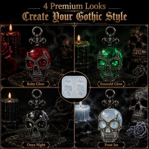Gothic Bat Top Faceted Skull Silicone Resin Mold with Pre-Made Hanging Hole, 2 Cavity Skull Pendant Epoxy Mold, DIY Jewelry Charm Casting Supplies for Halloween & Christmas Crafts (KL05)