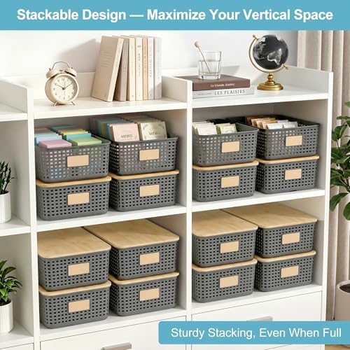 Bagnizer 4 Pack Plastic Storage Bins with Bamboo Lids, 6.2qt Stackable Storage Organizer Box with Lable for Pantry Shelves Drawers Desktop Office, 12"L x 8.3"W x 3.5"H, Gray
