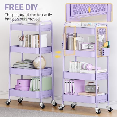 TOOLF 4 Tier Rolling Cart, Metal Utility Storage Cart with Pegboard, Purple | 2 Bins & 4 Hooks, Screwless Assembly, Lockable Wheels, Trolley Organizer for Bathroom, Kitchen, Office, Dorm, Craft Room