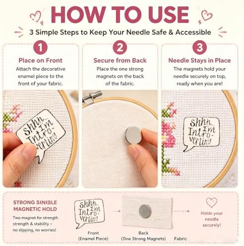 Needle Minder for Keeping Sewing & Embroidery Needles – Magnetic Needlepoint Holder, Cross Stitch Supplies – Secure & Decorative Needle Minders for Stitching & Crafting (Shhh... I'm Intro-vering)