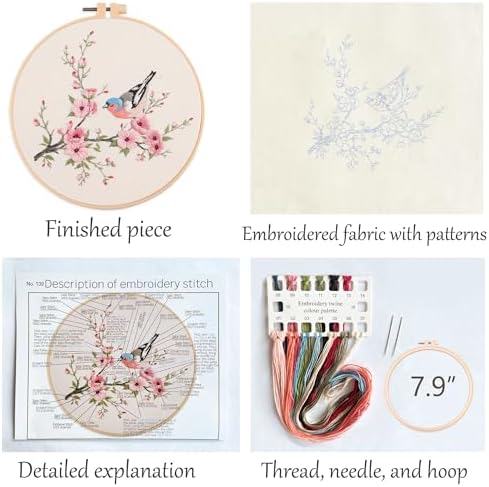 Silentsea Bird & Pink Blossoms Embroidery Kit – All-Inclusive DIY Cross Stitch Set with Pre-Printed Fabric, Threads, Needle, and Hoop for Adults – Perfect for Craft Lovers & Relaxation