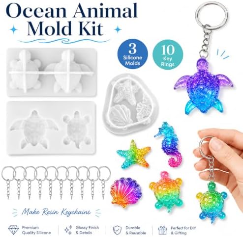 3 Pack Turtle Resin Mold Set, Ocean Animal Silicone Molds for Epoxy Resin, Mini Sea Turtle, Starfish, Seahorse and Shell Casting Molds with 10 Keychain Rings for DIY Craft Decor