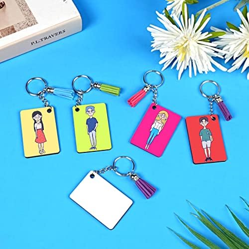 HTVRONT Sublimation Keychain Blanks - 120Pcs with Blue Protective Film - MDF Rectangle Keychain with Tassels - Heat Transfer Double Sided