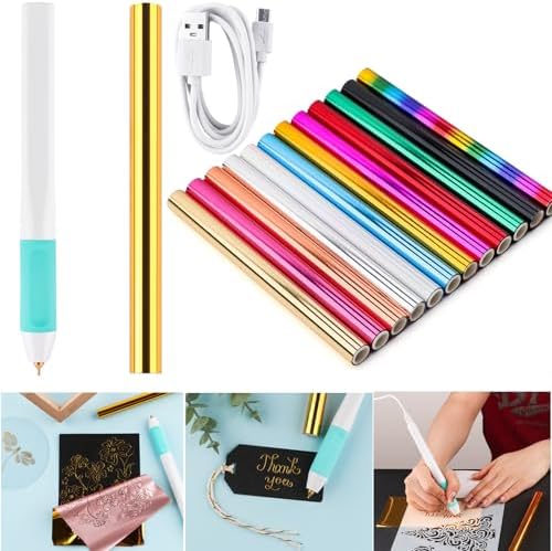 CYFUN DESIGN Hot Foil Roll & Hot Heated Foil Pens Set, Foil Quill Tool Freestyle Starter Kit, Includes 1 USB Heat Foil Pen and 13 PCS 5.9inch x 4.26feet Foil Rolls for Card Making