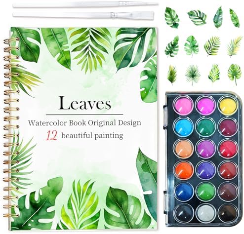 Easy Watercolor Workbook for Beginners - 12 Beautiful Step-by-Step Paintings Water Coloring Book, Includes 18 Colors Paints, Relaxing Art Projects and Creative Gift for Adults & Teen (Leaves)