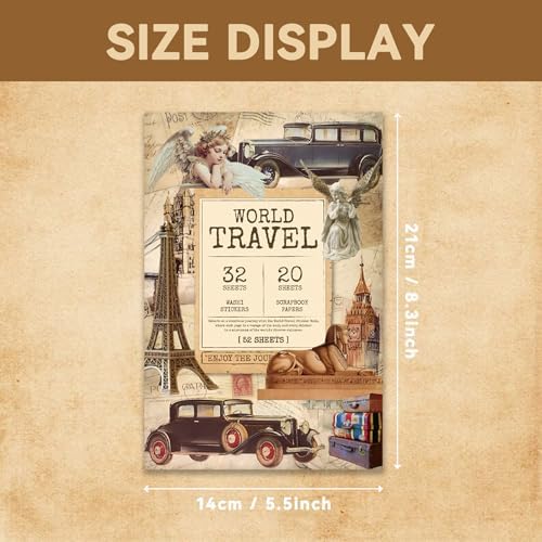 52 Sheets World Travel Stickers & Scrapbook Paper Set - Vintage Travel Themed for Scrapbooking Journaling Junk Journal Planner - Retro Adventure Stickers for DIY Crafts