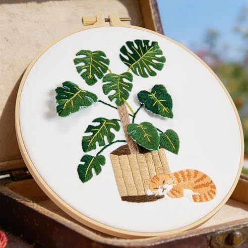 Monstera Embroidery Kits for Beginners Adults, Cat Hand Embroidery Kits, Potted Plant Cross Stitch Kits for Beginners DIY Craft Kits for Adult Women, Entire Set of Embroidery Supplies & Video Tutorial