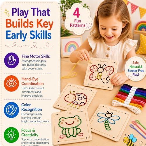 Montessori Wooden Lacing Toys for Toddlers and Kids Ages 2-4 5-7, Sewing Kit Fine Motor Skill Busy Board, Education Sensory Preschool Toy for 1 2 3 4 Year Olds, Birthday Gift for Boys and Girls