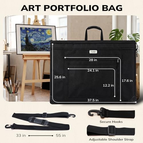 JusArt Art Portfolio Bag, 24x36 Foldable Light Weight Portfolio Folder Case with Adjustable Shoulder Strap, Leather Corners, Waterproof Art Bag for Artists and Adults for Artwork, Poster, Sketching