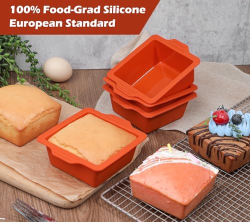 Webake 4 Inch Silicone Square Cake Pans, Nonstick Mini Square Silicone Molds for Baking, Ice Cube, Jelly, Soap, BPA Free Set of 4