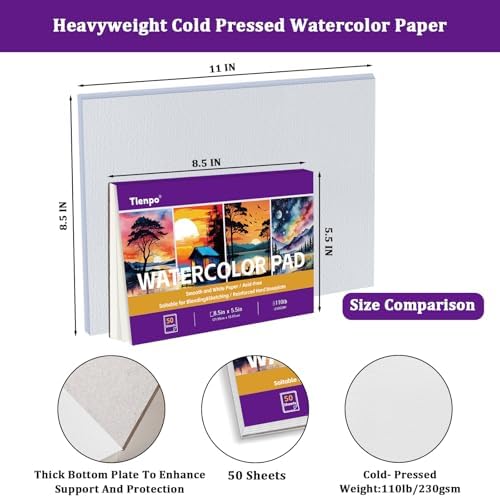 Tlenpo Watercolor Paper Pad, 8.5 x5.5 in, 110lb/230gsm, 50 Sheets Artist Painting Drawing Paper Book, Art Supplies for Adults Kids, Acid-Free Water Color Paper for Beginner Students