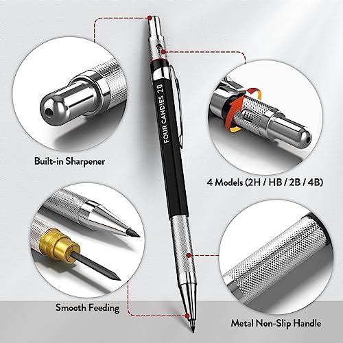Four Candies 2MM Mechanical Pencil Set with Case, Metal, 60 Lead Refills