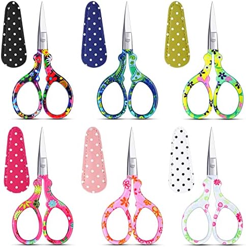 Therwen 6 Pcs 3.6 Inch Embroidery Scissors with Artificial Leather Cover Stainless Steel Vintage Craft Scissors for Crafting Threading DIY Needlework Art Manual Handicraft (Colorful)