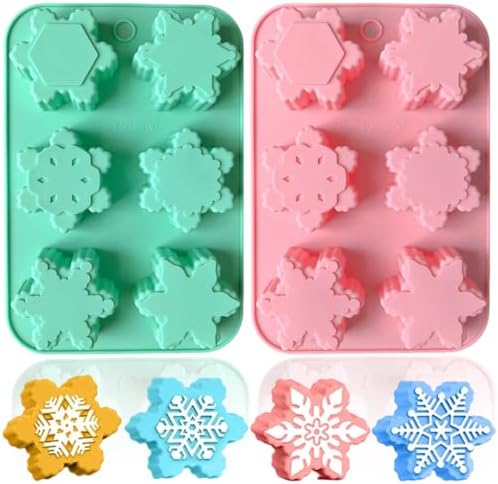 2 Pcs Snowflake Silicone Candle Soap Molds for Christmas Baking Chocolate Candy Cake Pan Cookie Jelly Muffin Ice Cube Trays Baking Moulds DIY Bath Bomb Molds Decoration (Green Light Pink)