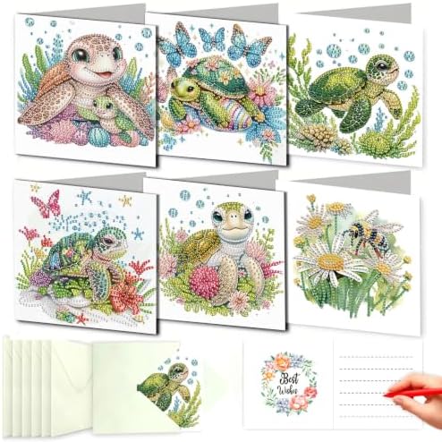 LSQFS 6Pcs Sea Turtle Diamond Art Cards with Envelopes,5.9x5.9in
