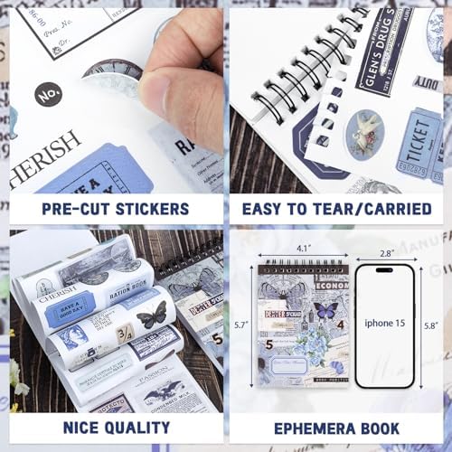 473pcs Vintage Washi Sticker Book & Blue Ephemera | 50 Sheets Journaling Stickers for scrapbooking & DIY crafts. Residue-free removal, even after long-term use.