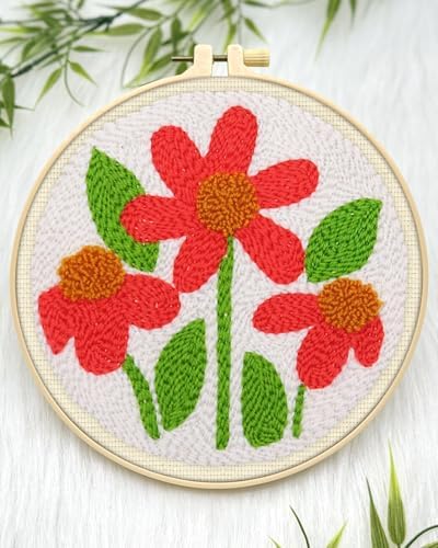 ERKOON Punch Needle Kit Adults Beginners, 2 Pcs DIY Easy Flower Embroidery Set for Starter Art Craft, Needling Punching Project with Patterns, Tools, Yarns, Hoop, Instruction (Safflower)