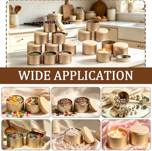 Candle Jars Bulk, 12 Packs Candle Jars with Lids, 8 Oz Empty Candle Tins, Candle Containers for Making Candles, Candle Tin with Wood-Grain Lids (Champagne Gold with Woodgrain Lid, 8oz-12pcs)