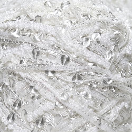 Soft Fancy Yarn for Crochet and Knitting, Novelty Art Yarn for DIY Crafts, Textured Decorative Yarn for Weaving, Handmade Projects and Home Decor (Pearl Silver)