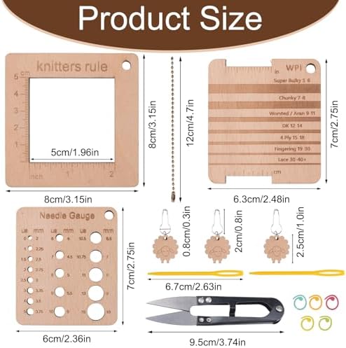 Wood Knitting Gauge Rulers Set, with Tapestry Needles, Stitch Markers, Scissors, Plastic Needles for Crochet Sewing Knitting DIY Crafts
