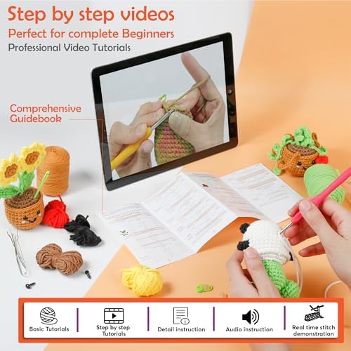 A-URA Learn to Crochet Kit for Beginners Kids and Adults, Premium 4 Animal Pattern Beginner Crochet Kits with Easy Tube Yarn & Step-by-Step Video Tutorials (Plants Crochet Kits)