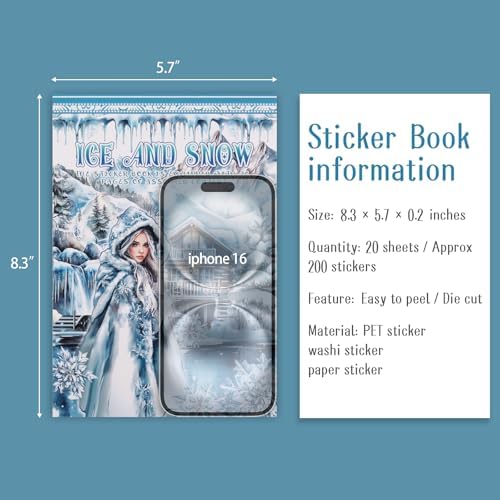 Precut Winter Aesthetic Scrapbook Sticker Book, 20 Sheets People Landscape Animal Snowflake Journaling Supplies for Adults Card Making Collage (Blue)