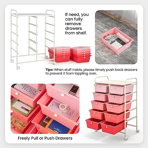 Giantex 10 Drawers Rolling Cart, Classroom Organizers, Storage Cart with Wheels, for Teacher Office Home School Supplies Tool Craft Art Paper, Pink Gradient